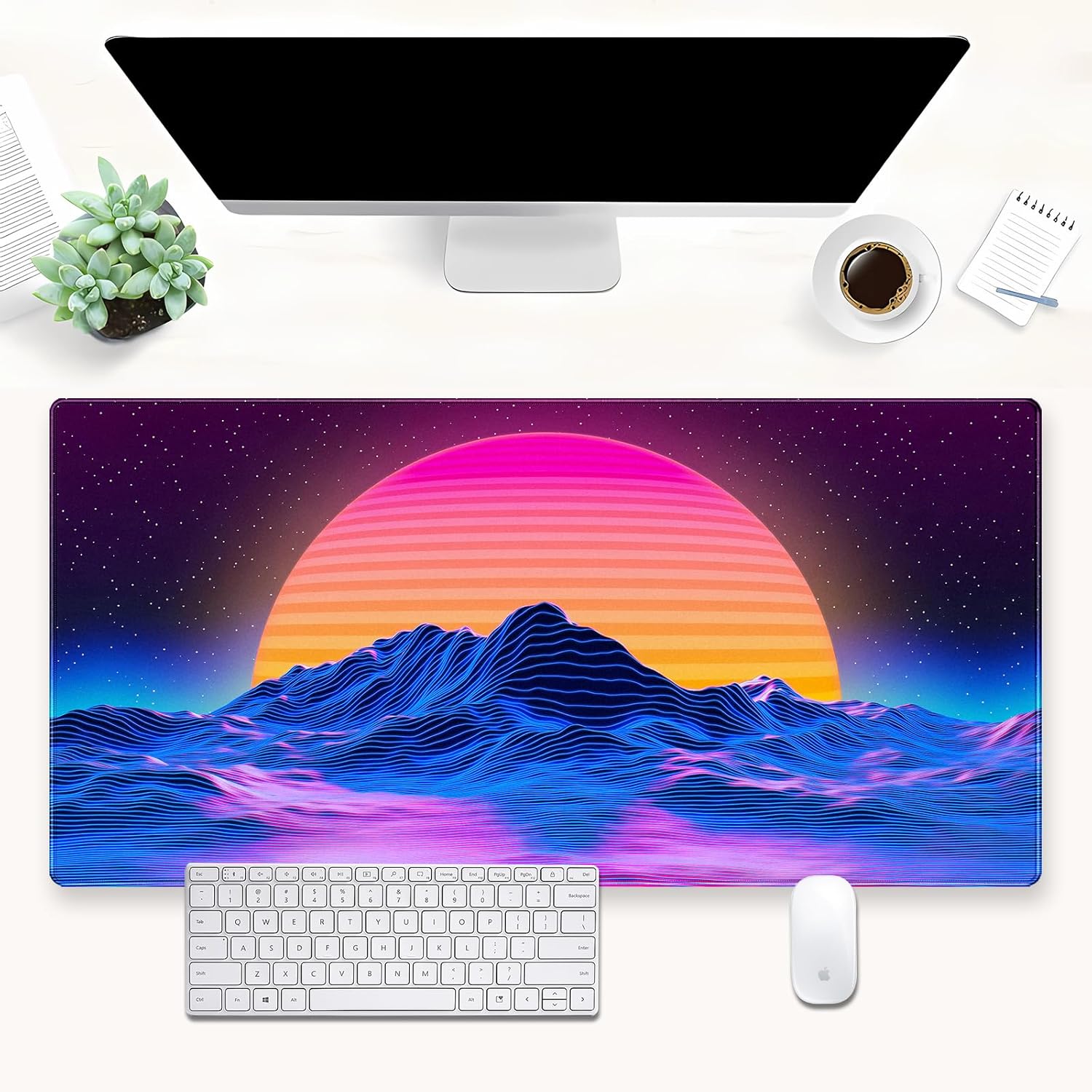 Retro Gaming Desk - レトロシンセウェイムountain sunデスクマット、ネオン80年代のヴェイパーウェイム大型ゲーミングマウスパッド、ゲーマー向けホームオフィスワークステーション用