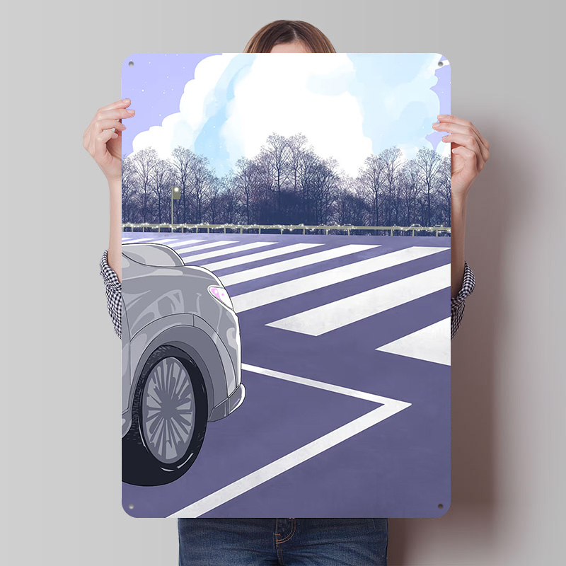 Retro Gaming On - 横断歩道上の冬の木々 車のポスター カスタマイズされたヴィンテージメタルサイン ウォールアート レトロブリキの飾り板 ファンの装飾用